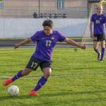 Sequim Gazette photo by Emily Matthiessen / Sequims Abe Torres, left, looks for an open teammate as Jack Henninger looks on in the Sequim Wolves 2-1 win over North Mason on April 13.
