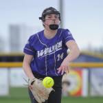 Sequim Gazette photo by Michael Dashiell / Sequim pitcher Lainy Vig looks to stymie the Olympic Trojans bats in an April 13 Olympic League match-up.
