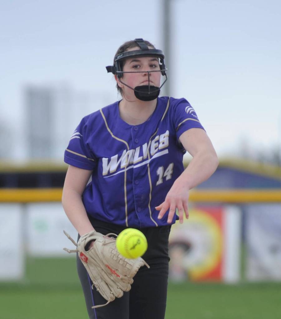 Sequim Gazette photo by Michael Dashiell / Sequim pitcher Lainy Vig looks to stymie the Olympic Trojans bats in an April 13 Olympic League match-up.