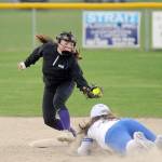 Michael Dashiell/Olympic Peninsula News Group
Sequim shortstop Hannah Bates, left, puts the tag on an Olympic runner in an April 13 league match-up in Sequim.