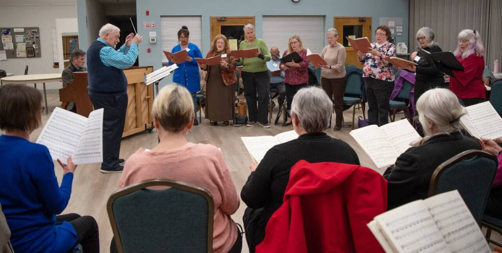 Sequim Gazette photo by Emily Matthiessen / Dr. Jerome Wright leads a Peninsula Singers rehearsal at Trinity United Methodist Church. The groups spring concerts are April 28 and 29.