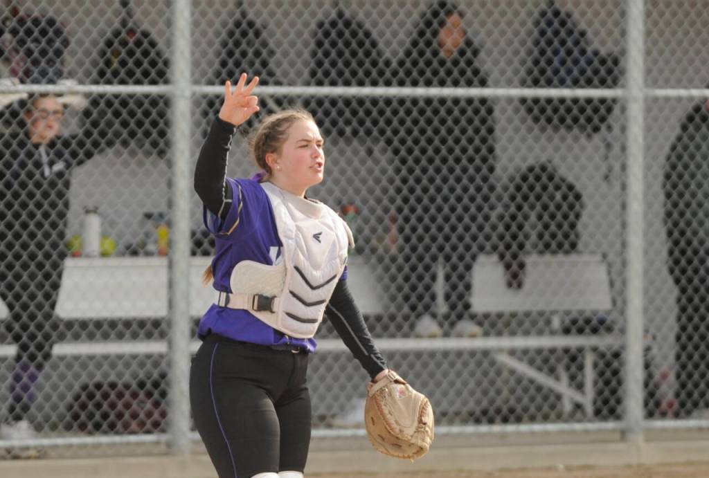 Sequim Gazette photo by Michael Dashiell / Sequim catcher Mikki Green communicates with teammates in between batters in the Wolves 7-6 win over Port Angeles on April 18.
