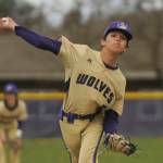 Sequim Gazette photo by Michael Dashiell / Sequim pitcher Toppy Robideau pitches in the first inning of a Wolves 4-1 home win over Bremerton on April 18.