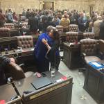 Photo by Alexandria Osborne/WNPA News Service / Members of the Washington State House of Representatives celebrate the close of the 2023 Legislative session. Legislators may be called back, however, to resolve a fix to a controversial bill that sets penalties for drug possession.