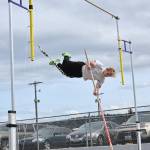 Sequim Gazette photo by Michael Dashiell / Sequim pole vaulter Mirek Skov looks to clear a height at a practice last week. Skov has the top state mark (14-0) among 2A boys this season.