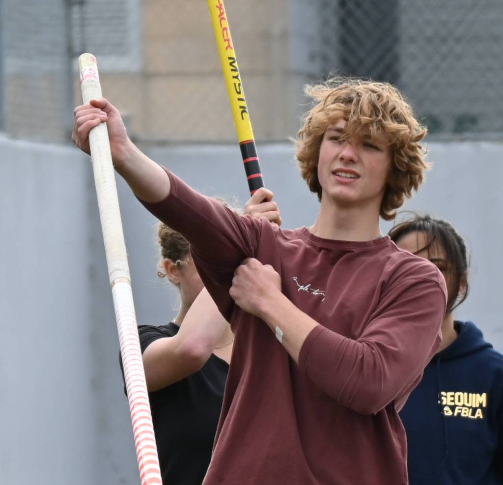Sequim Gazette photo by Michael Dashiell / Sequim High junior Ari Skov, pictured here at a practice last week, has a personal best pole vault mark of 11-6 this season.