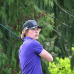Sequim Gazette photo by Michael Dashiell / Sequims Zack Thompson watches a drive off the second tee at The Cedars at Dungeness on April 25. Thompson shot a 43 as the Wolves topped Olympic by 20 shots.
