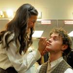 Sequim Gazette photo by Matthew Nash/ Danika Chen (Anastasia) helps Keaton King (Dmitry) with his makeup prior to a rehearsal last week for Anastasia the Musical. King said its been fun to have chemistry with cast mates like Chen and Adrian Dulfo because through the process everyone just grows closer together.