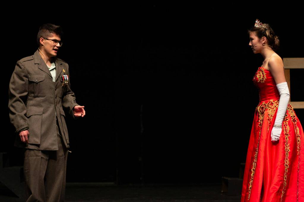 Photo by Danielle Lorentzen/Ghostlight Productions/ Calem Klinger (Gleb) confronts Danika Chen (Anastasia) in a rehearsal for Anastasia the Musical running at Sequim High School from May 4-13.