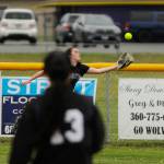 Sequim Gazette photo by Michael Dashiell / Sequim left fielder Jordan Kidd makes a run-saving catch to stymie a Kingston rally early in the Wolves 5-2 league victory over the visiting Buccaneers on May 4.