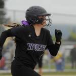 Sequim Gazette photo by Michael Dashiell / Sequims Hannah Bates earns a run batted in with this groundout in the Wolves 5-2 home victory against Kingston on May 4.