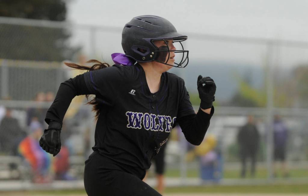 Sequim Gazette photo by Michael Dashiell / Sequims Hannah Bates earns a run batted in with this groundout in the Wolves 5-2 home victory against Kingston on May 4.