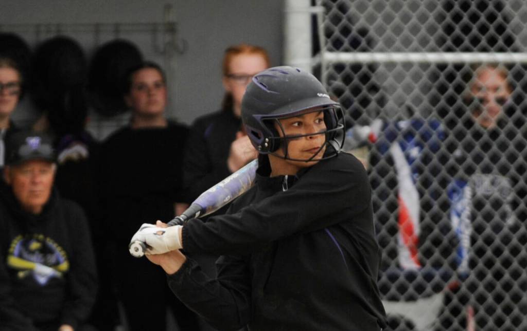 Sequim Gazette photo by Michael Dashiell / Sequims Taylee Rome looks for a base hit in the Wolves 5-2 home win over Kingston on May 4.