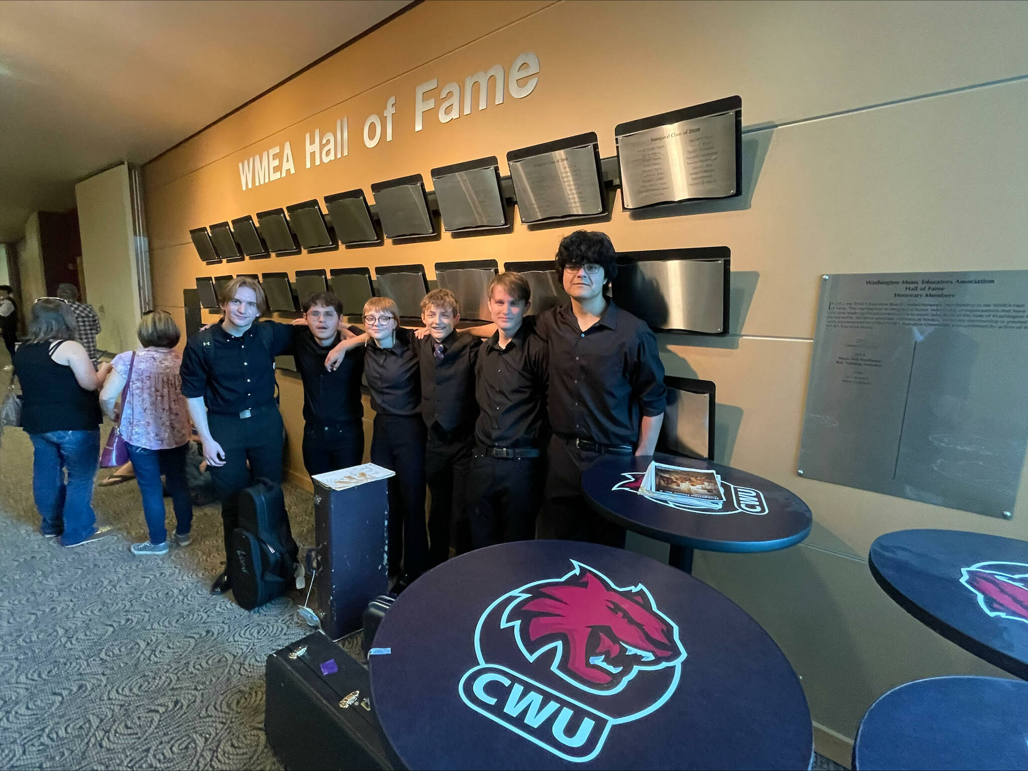 Photo courtesy of George Rodes / Sequim High Schools WW Saxophone Ensemble  from left, Michael Morton, Ozzy Hernández, Kimberly Heintz, Ben Greatwood, Anton Hilmisson and Abraham Herrera  enjoy the State Solo and Ensemble Contest 2023 in Ellensburg.