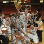 Photo courtesy of Peninsula College
Peninsula Colleges 2010-2011 mens basketball team celebrates an NWAC championship.
