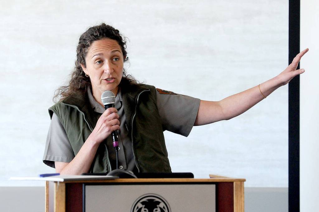 Photo by Keith Thorpe/Olympic Peninsula News Group / Olympic National Park Superintendent Sula Jacobs speaks on May 10 about the status of the day lodge at Hurricane Ridge and public access to the area in the aftermath of a fire on Sunday that destroyed the popular tourist destination.