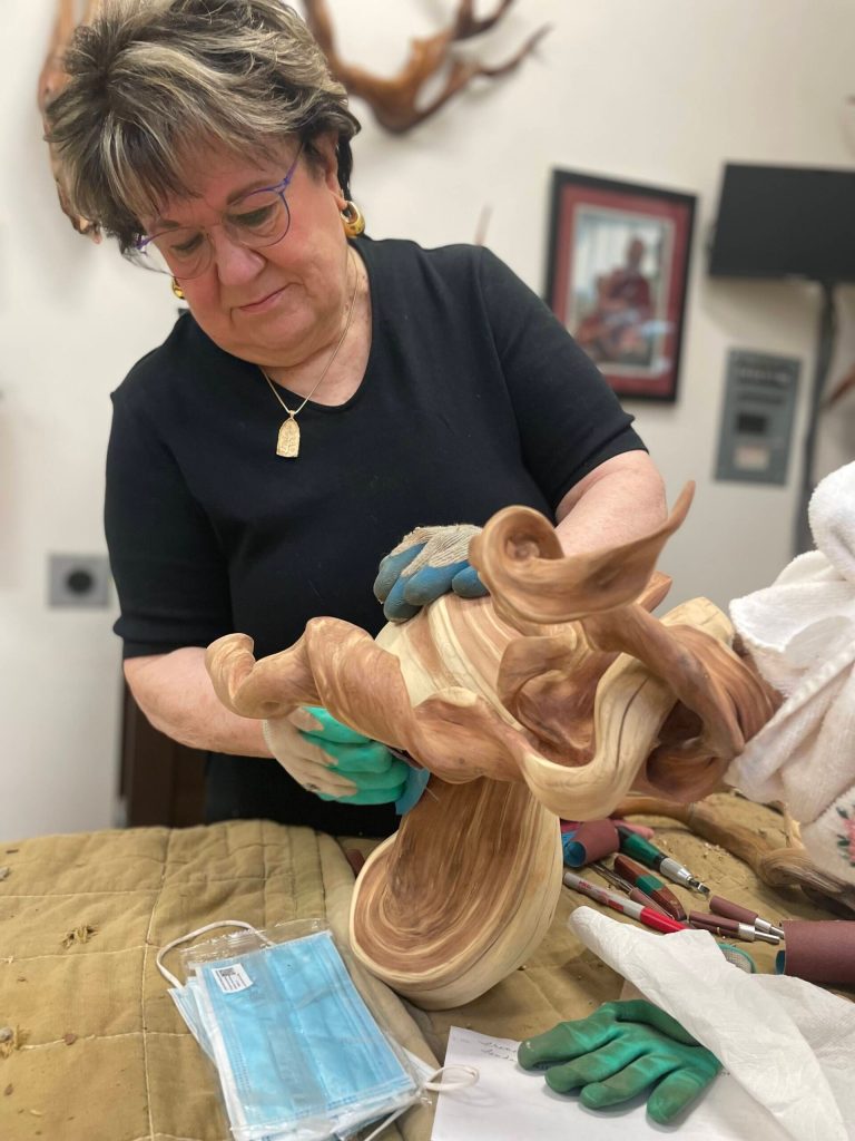 Sequim Gazette photo by Matthew Nash
Driftwood art instructor Tuttie Peetz continues to work on her driftwood art piece from her home studio for Olympic Driftwood Sculptors next show May 20-21 at the Dungeness River Nature Center. Shes put more than 1,000 hours into meticulously shaping the twisted juniper wood from Montana, she said.