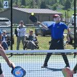 Sequim Gazette photo by Michael Dashiell / Mike Richer, right, and Kevin Jenks take on Sherri Gyovai and Cindi Pettit in the championship match at the Big Dill Fun Day tournament at Carrie Blake Community Park on May 20.
