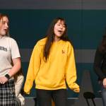 Sequim Gazette photo by Michael Dashiell / From left, Olympic Peninsula Academy students Sasha Yada, Kailah Blake and Paloma Franco rehearse a song and scene from the schools upcoming spring musical comedy, The Nifty Fifties.
