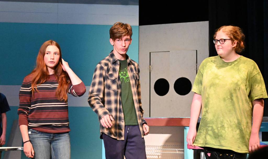 Sequim Gazette photo by Michael Dashiell
Olympic Peninsula Academy students Abby Brittell-Brown, Donovan Rynearson and Kaia McCarter rehearse a scene from the schools spring musical comedy, The Nifty Fifties, set to stage June 2-3.