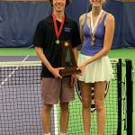 Photo courtesy of Mark Textor / Sequim Highs Garrett Little and Kendall Hastings celebrate strong finishes at the class 2A state tennis tournament in Seattle on May 26. Little took second and Hastings placed third.