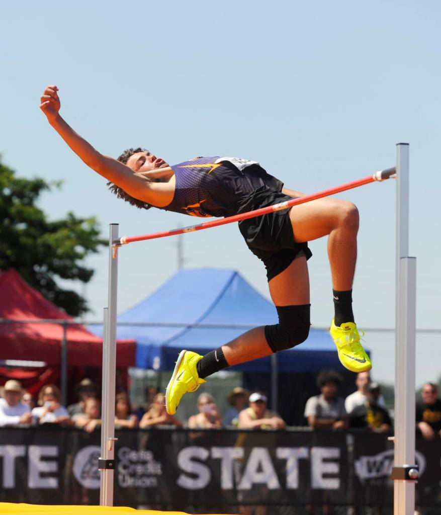 Sequim Gazette photo by Michael Dashiell / Sequim High sophomore Andrew Brown looks to clear 6 feet in the high jump at the state 2A track and field championships at Mount Tahoma High School on May 26. Brown finished seventh in the event, after placing 11th in the event as a freshman.