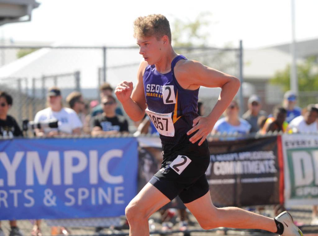 Sequim High sophomore Sean Southard breaks from the start in the 400-meter race at the Class 2A state track and field championships in Tacoma on May 26. Southard finished 16th overall in 53.11 seconds.