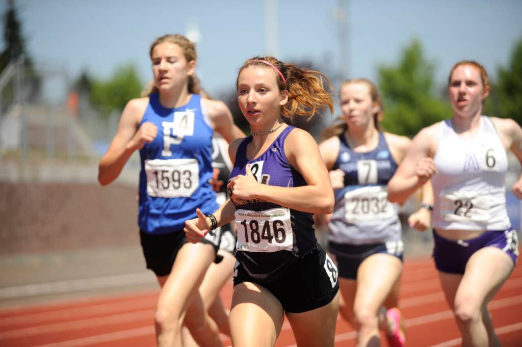 Sequim Gazette photo by Michael Dashiell / Sequim High junior Kaitlyn Bloomenrader races with the lead pack in the 800-meter preliminaries at the Class 2A state track and field finals in Tacoma on May 26. She finished 13th in 2:31.