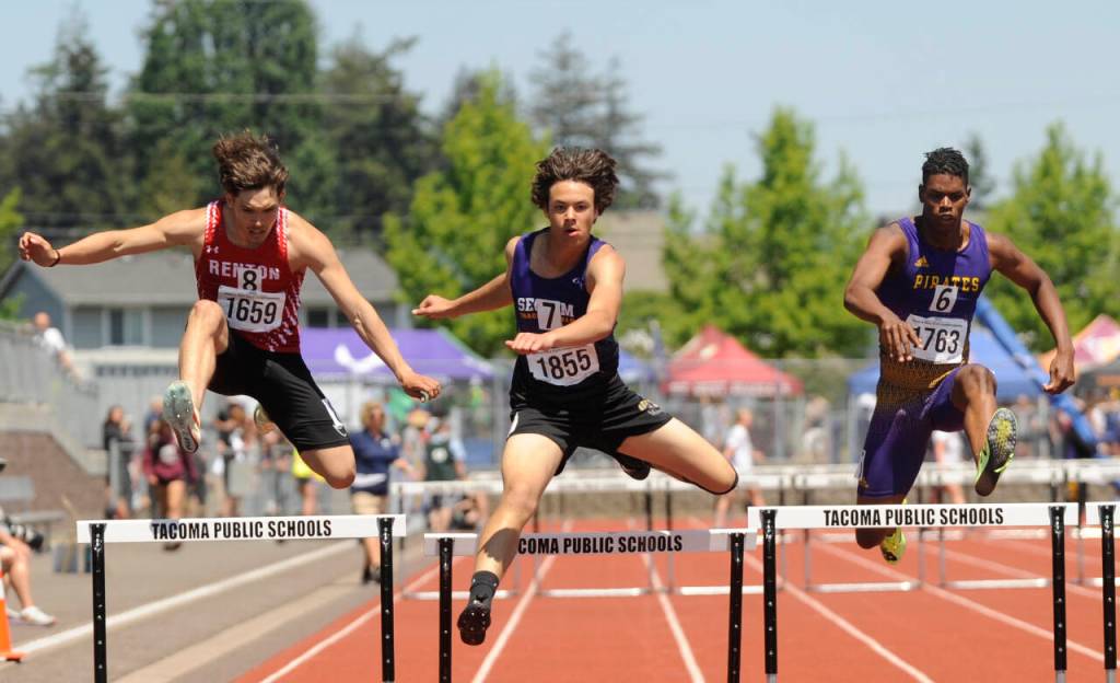 Sequim Gazette photo by Michael Dashiell / Sequim High sophomore Andrew Brown nears the finish line in the 300-meter hurdles at the Class 2A state championships in Tacoma on May 26. He finished 12th in 42.41 seconds.