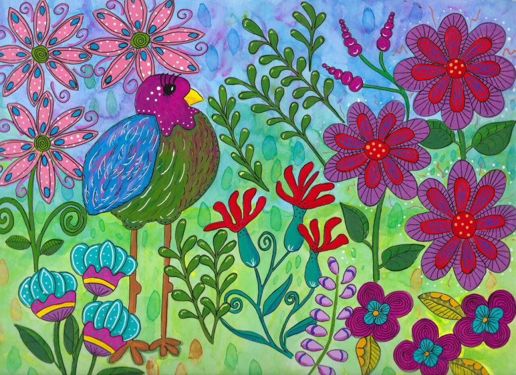 Artwork courtesy of Jean Wyatt / Mindy in Flowers by Jean Wyatt, a featured artist at Forage Gifts & Northwest Treasures during the First Friday Art Walk on June 2.