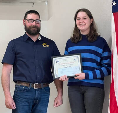 Photo courtesy of Sequim Elks Lodge / Libby Turella accepts her Sequim Elks Lodge April 2023 Student of the Month honor from Exalted Ruler Klayton Waldron.