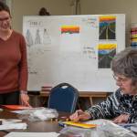 Sequim Gazette photo by Emily Matthiessen
Doris Wooley (right) is a regular at Natasha Willows oil pastel class at the Shipley Center. Willow provides paper and a template to be followed closely or loosely. Supplies are brought by participants or bought from Willow.