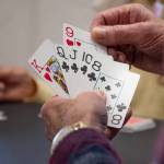 Sequim Gazette photo by Emily Matthiessen / Bill Pampell chooses a card to lead with at Shipley's Wednesday afternoon bridge group. Pampell, having played bridge for "a decade or so" has the least experience at the table.