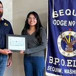 Photo courtesy of Sequim Elks Lodge
Ariana Salas accepts her Sequim Elks Lodge Student of the Month award from Exalted Ruler Klayton Waldron.