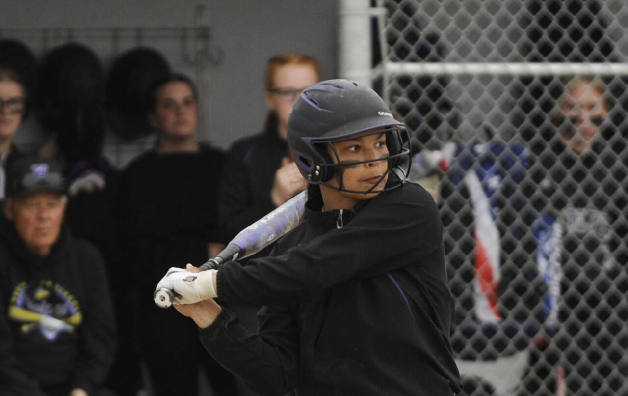 Sequim Gazette photo by Michael Dashiell 
Sequims Taylee Rome looks for a base hit in the Wolves 5-2 home win over Kingston on May 4.
