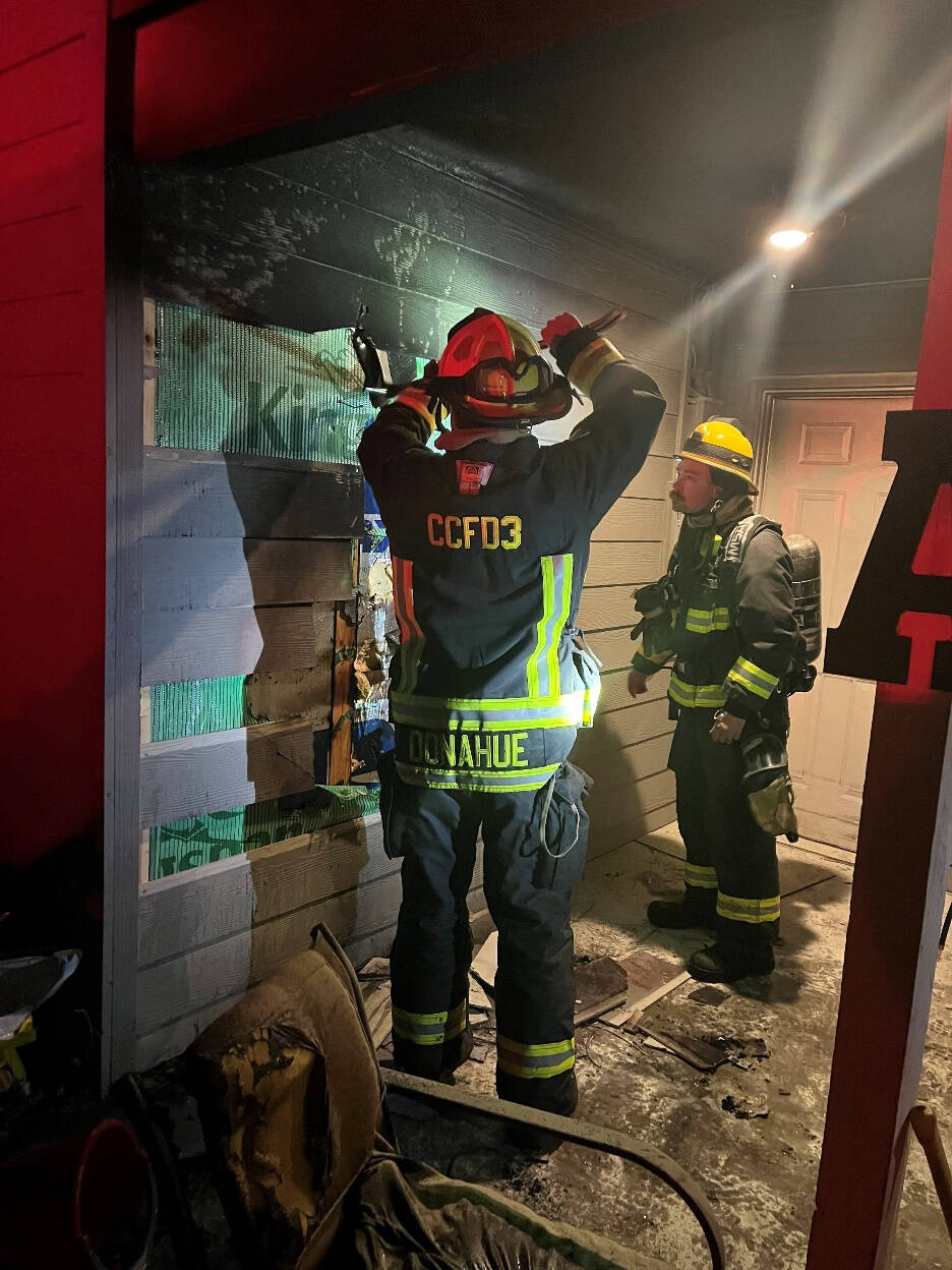 Photo courtesy of Clallam County Fire District 3
Clallam County Fire District 3 personnel respond to a porch fire in the early morning hours of June 7.
