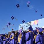Sequim Gazette photo by Michael Dashiell / Members of Sequim High Schools Class of 2023 toss their graduation caps to the skies at the conclusion of SHSs commencement ceremony on June 16; about 166 seniors earned their diplomas that night.