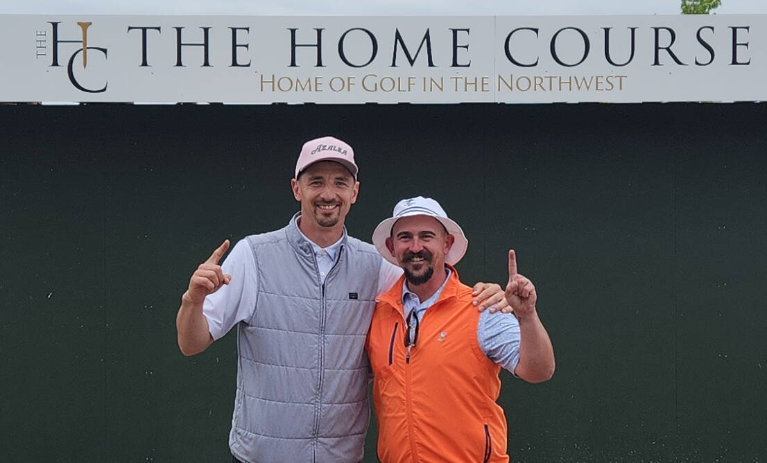 Photo courtesy of Sean OMera
Sequim natives Sean OMera, left, and Adam Columbia celebrate rounds at The Home Course in DuPont that earned the former Sequim High teammates berths in the Washington State Amateur tourney later this month.