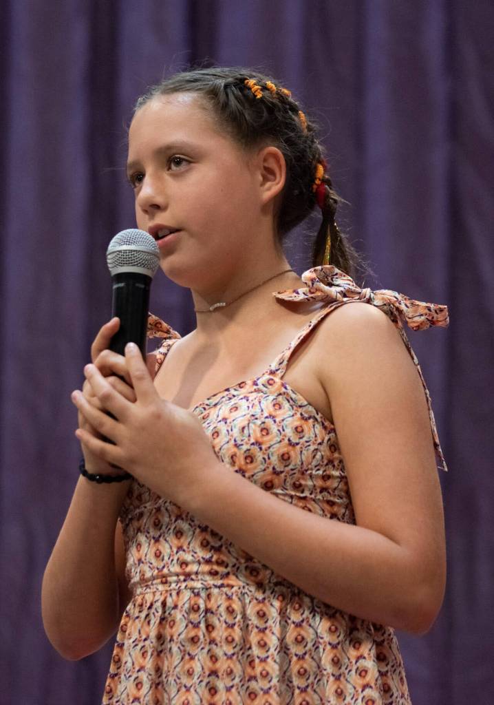 Sequim Gazette photo by Emily Matthiessen / Bianca Lopez shared her voice in song at the Greywolf talent show last week.