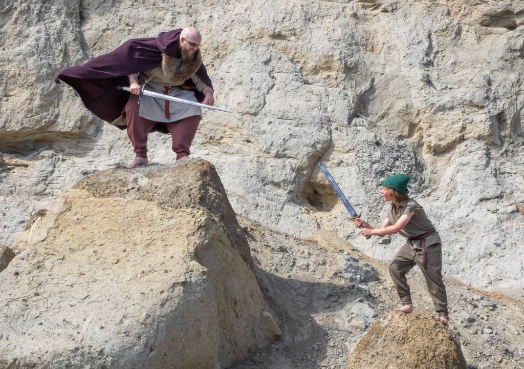 Sequim Gazette photo by Emily Matthiessen / Andrew Lumm, as a pirate, and Rivers Maynard, as Peter Pan, face off with their swords in a pose reminiscent of one of the scenes in Sequim Acrobatics upcoming production, Neverland, set to be performed this Friday at 7 p.m. and Saturday at 5 p.m. in the Sequim High School auditorium.