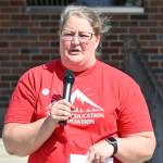 Sequim Gazette photo by Michael Dashiell / Saralyn Pozernick, president for the Sequim Education Association, speaks with fellow teachers as they gather outside the district office on May 31 during contract negotiations with administrators.