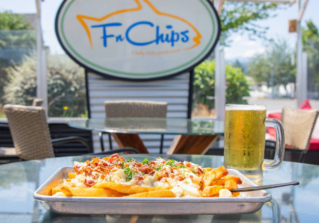 Sequim Gazette photo by Emily Matthiessen
Clam chowder poutine, fries with cheese curds, clam chowder, bacon and shaved white cheddar is one of the hearty meals available off the small menu at FnChips, a Salty Girls Production, at 134 S. Second Ave.