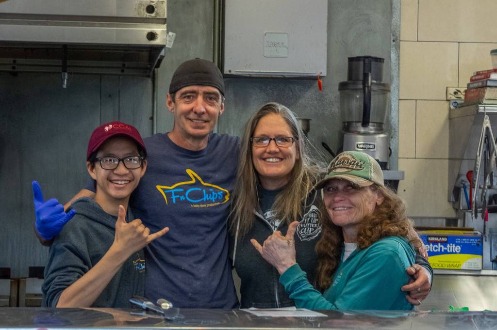 Sequim Gazette photo by Emily Matthiessen
From left, staffer Ethan Cesena, manager Shawn Royaltey, and owners and Tracie Millett and Lavon Gomes join forces in the kitchen of FnChips.