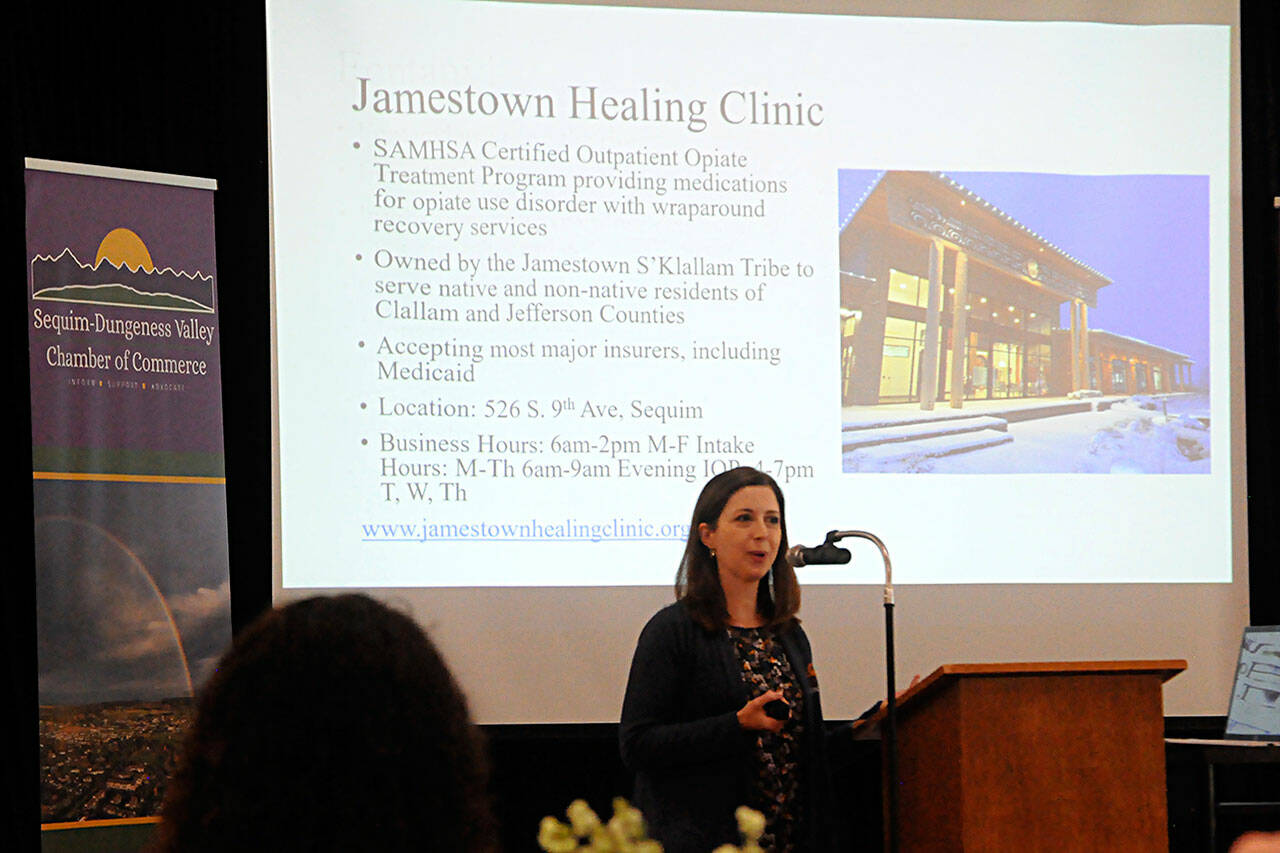 Sequim Gazette photo by Matthew Nash
Dr. Molly Martin, Jamestown SKlallam Tribes Healing Clinic executive director, speaks to a crowd at the Sequim-Dungeness Valley Chamber of Commerces luncheon on June 27. We know from what weve been doing so far, recovery is possible, Martin said. And we are absolutely here to help. If there is anyone who needs our services, please tell them to seek us out.