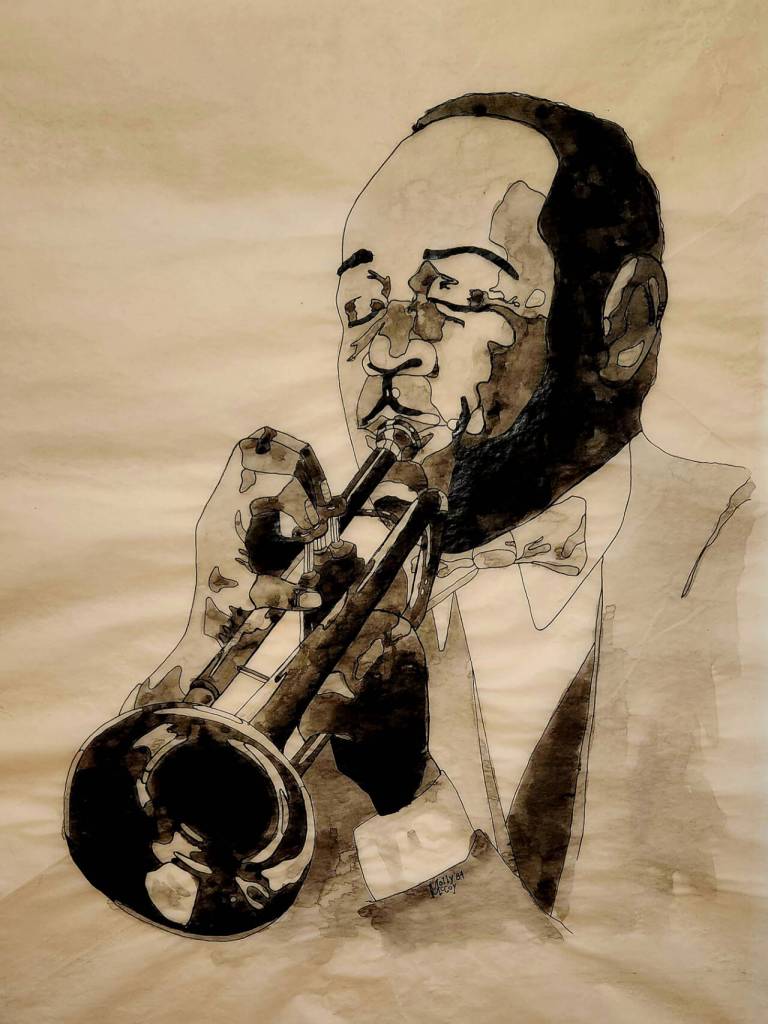 Art courtesy of Molly Omann / “Satchmo," a pen-and-ink drawing by Molly Omann, is on display with other pieces in the exhibit “Music; The Art of Arranging Sound,” featured at the Sequim Civic Center on the First Friday Art Walk and from July 7-Sept. 25.