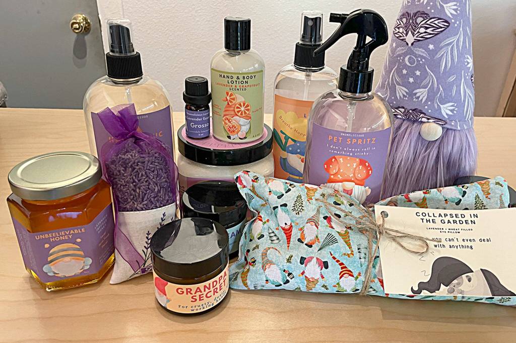 Sequim Gazette photo by Matthew Nash/ Katina Hester and Ashley Reddicks make an array of their own products at Gnomelicious Lavender Farm, including eye pillows, lotion, pet spritz, oils, lavender-filled gnomes, and more.