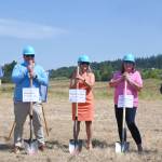 Sequim Gazette photo by Michael Dashiell / Dignitaries help break ceremonial ground on the Brownfield Road Project on July 5, Pictured, from left, are: U.S. Rep. Derek Kilmer; First Fed CEO Matt Deines; First Fed First Fed Community Foundation board member Dawnya Scarano; Colleen Robinson, CEO of Habitat for Humanity of Clallam County, and Mark Hodgson, Habitat for Humanity of Clallam County boards vice president.