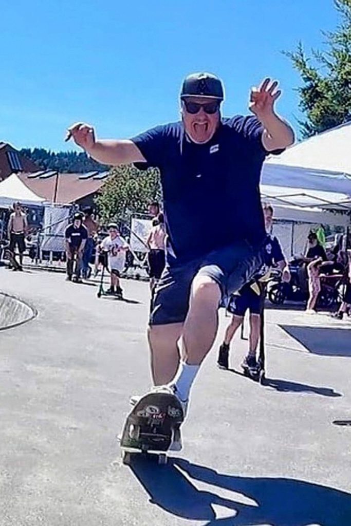 Photo courtesy Mark Simpson/ At a Sequim Youth Skate Park Foundation fundraiser in 2022, Mark Simpson skates during the festivities. He continues to seek support to remodel the Sequim Skate Park.