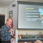 Photo by Peter Segall/Olympic Peninsula News Group / Sam Brenkman, chief fisheries biologist for Olympic National Park, speaks about fish restoration on the Elwha River following the removal of two dams during a meeting of the Kiwanis Club of Port Angeles at Joshuas Restaurant on July 13.