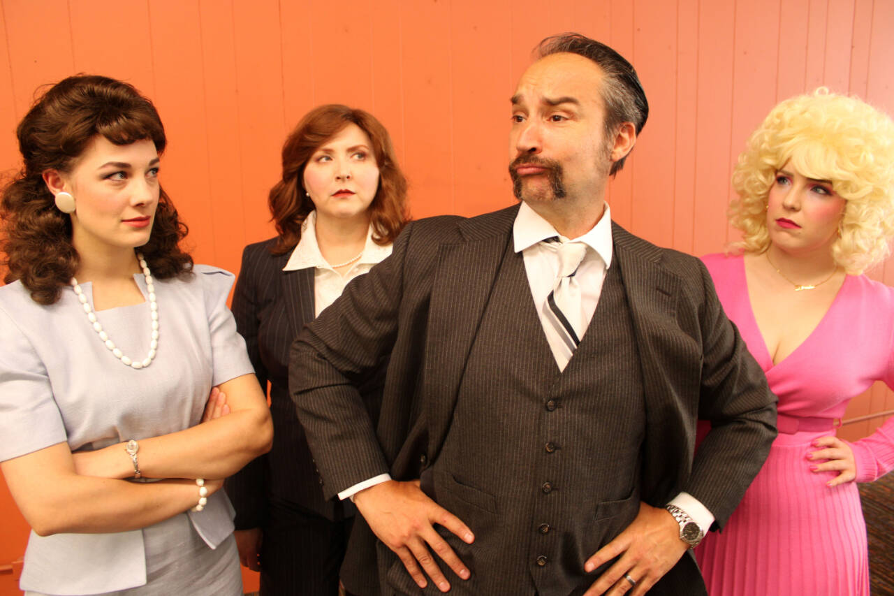 Photo by Darian Rentas / 9 to 5 The Musical cast members (from left) Danielle Lorentzen, as Judy, Cecie McClelland, as Violet, Jeremy Pederson, as Franklin Hart, and Kathryn Lorentzen, as Doralee, ham it up at Ghostlight Productions headquarters.